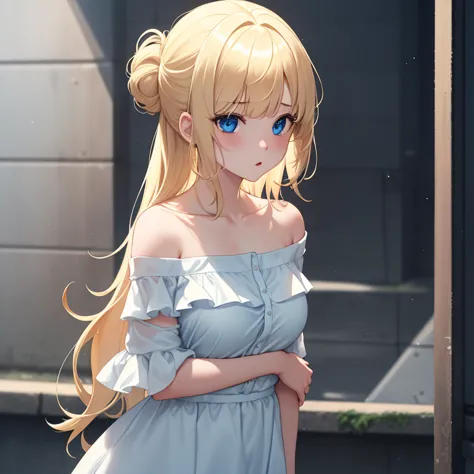 4K,source_anime, score_9, score_8_up, score_7_up, 1girl,Women 20s,blond hair,Transparent white skin,Bangs are swept short,half updo,off-the-shoulder top,Light blue dress,got both hands on his cheeks,long hair,blue eyes