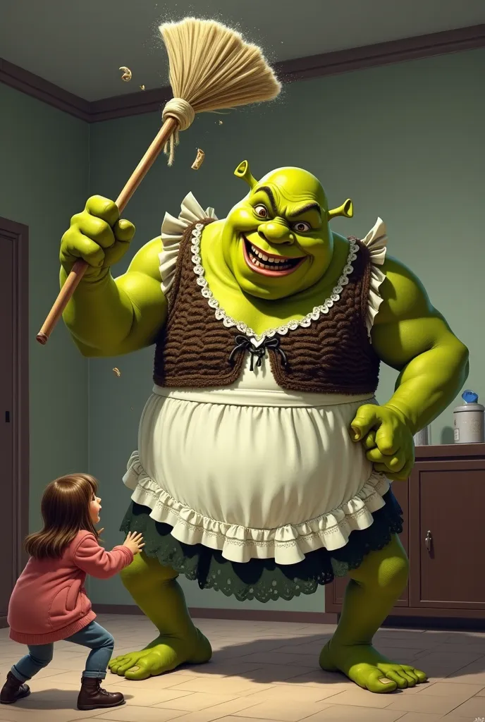 Shrek in a maid suit hits a woman with a mop