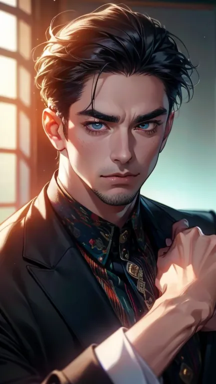 (    best quality,4K,8k,       highres,    masterpiece :1.2),    ultra-detailed    ,(Realistic,photoRealistic,photo-Realistic:1.37),36-year-old man,3 day beard,Beautiful anime,Portraits,strong,masculine,        with black hair  ,sharp jaw,             mesm...