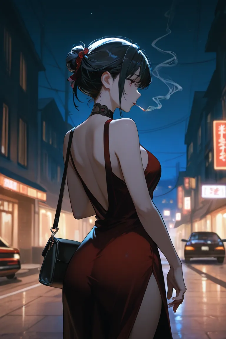 beautiful girl, bun hairstyle, bedroom eyes, dark black hair, attractive, top quality, masterpiece, cinematic shot, dark ambience, night time, dynamic pose, mysterious, wearing dark red tube dress, smoking a cigarette, in the street, has shoulder bag