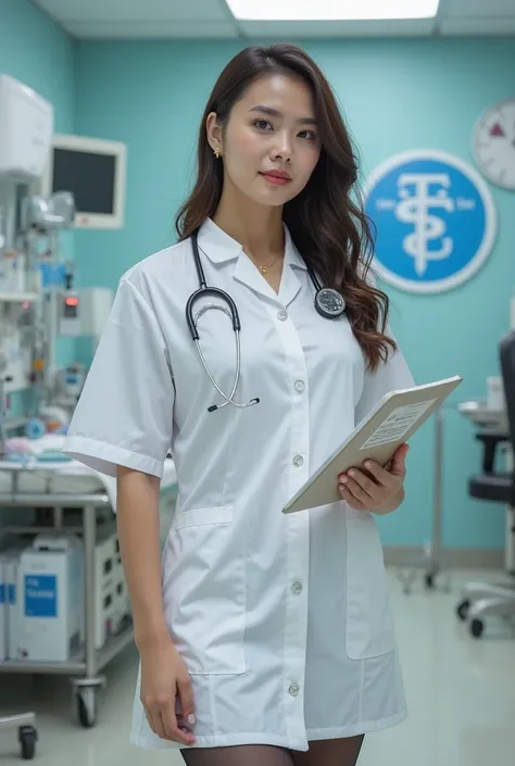 [Subject Description] 
European and American plump female healthcare workers work scene，25-30 years old，Dressed in translucent deep v（with stand-up collar design、metal button details），medical grade color calibration，black translucent stockings，White hip sk...