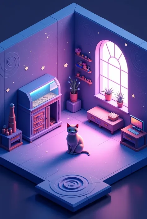 Isometric room with a cosmic theme, purple and blue colors, that includes a cat , Vector drawing