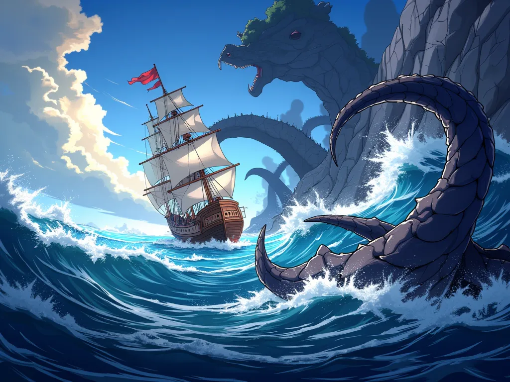 A massive ship battles the raging ocean, surrounded by terrifying, towering waves. From beneath the depths, colossal Kraken tendrils rise, dwarfing the ship with their sheer size and power. The atmosphere is tense, filled with a sense of impending doom as ...