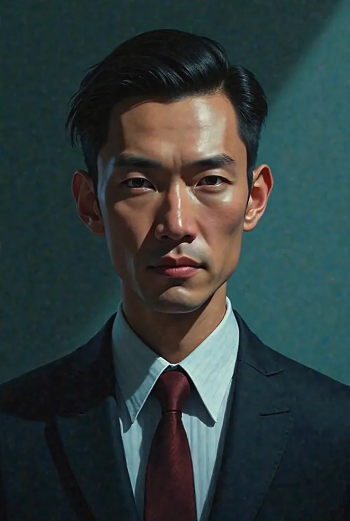 "Hyper-realistic digital painting of a strong and determined man, with a sharp, good-looking face and serious eyes. He has short hair, combed back and solemn face. He wears a suit with a blue-green background shadow. Dark with Thai text overlay, the images...