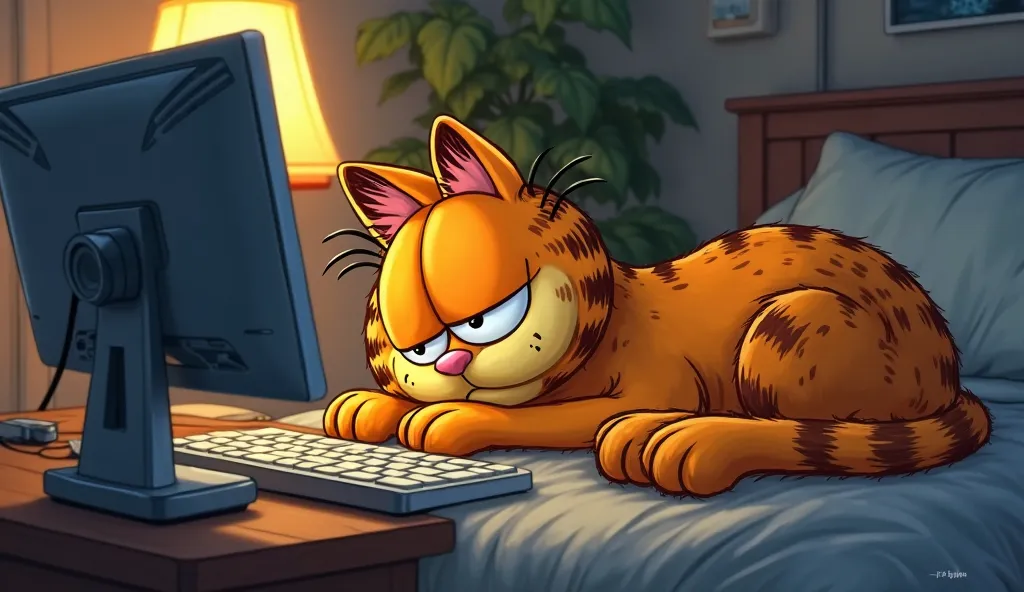 Sleeping Garfield  look to computers monitor 