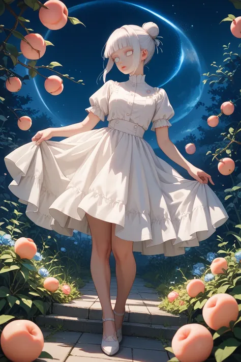 masterpiece, best quality, ultra detailed. 1girl, white hair, short bun hairstyle , blunt ends, white blouse, fancy short skirt with buttons, night sky, clear eyes, white eyelashes, peach colored lips, vibrant looking eyes, wide hips, narrow shoulders full...