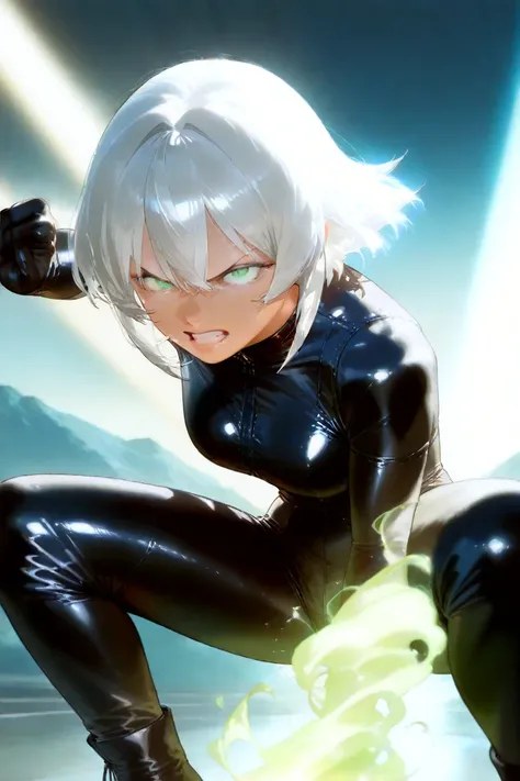 green-eyed girl, (medium size hair of white color with black tips),  Angry expression  (wearing a tight black leather jumpsuit, with leather gloves) (Evil magic green) (squatting fight pose)