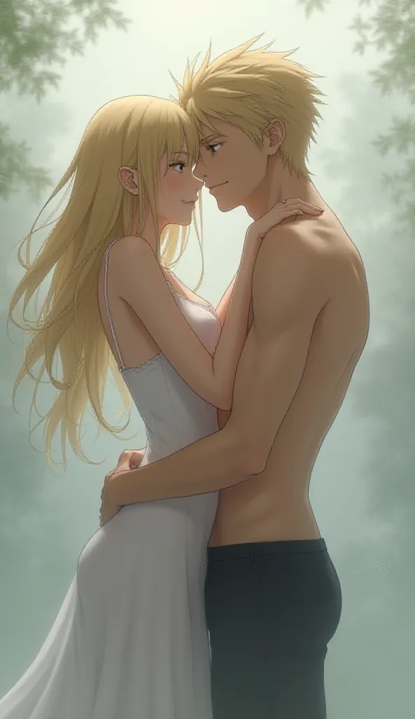 A blonde anime girl is kissing Aizen naked with a mist covering her breasts.