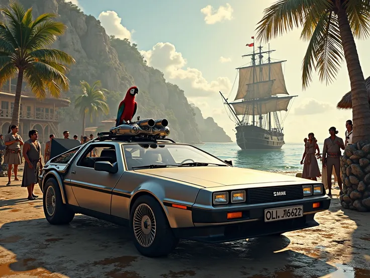 Make a poster, which is, mint az Assassin's Creed - Black Flag-game, on the game site in a 16th. century in a beautiful Caribbean port on a carbon background, on top of the car stands a pretty parrot, pirates stand around the car and look curiously at the ...