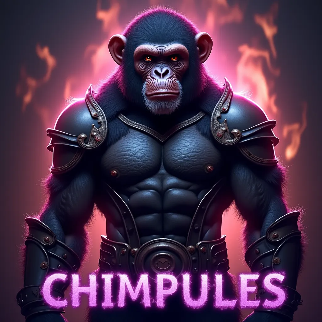 Hercules,  muscular, with armor, But with the face of a chimpanzee, with a striking metallic fire background , At the bottom of the image that says the name of: "Chimpules ", in letters of black and purple fire