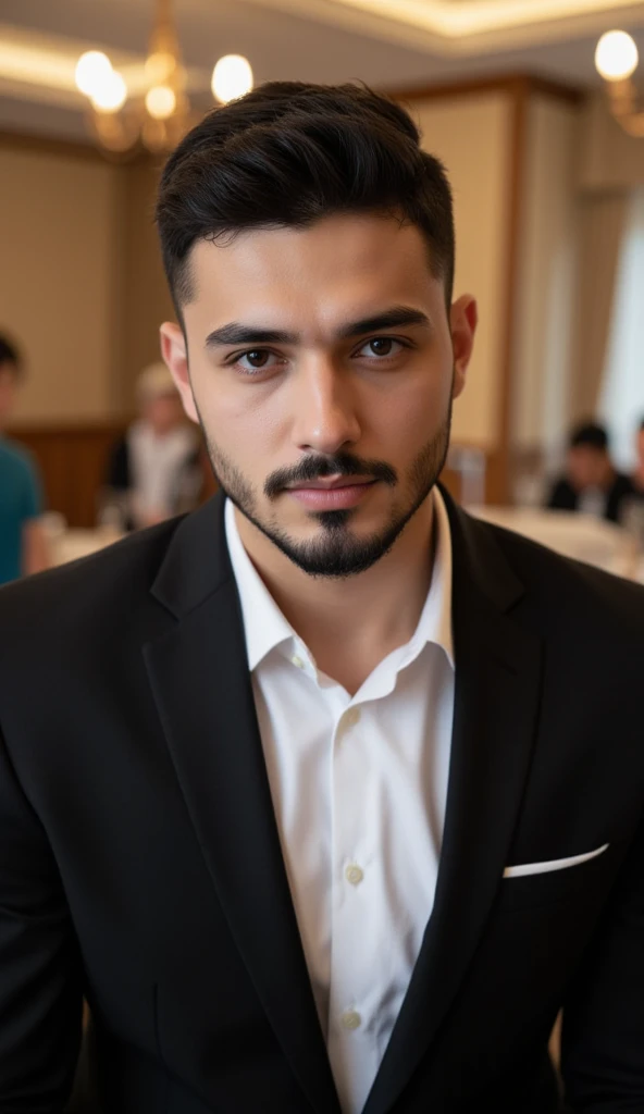 a handsome young turkish guy with muscle, dark very short hair fade middle parting and goatee beard  he wearing a black suitjacket and white shirt and he is in a turkish wedding in a salon with his familie amateur photo random picture and location is turke...