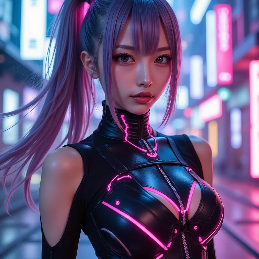 Black cyber armor, glowing pink lines, beautiful woman, phenomenal good looks, Japanese beauty, long ponytail, ash hair, purple gradient from tips, various actions, random actions, in combat with random weapons,