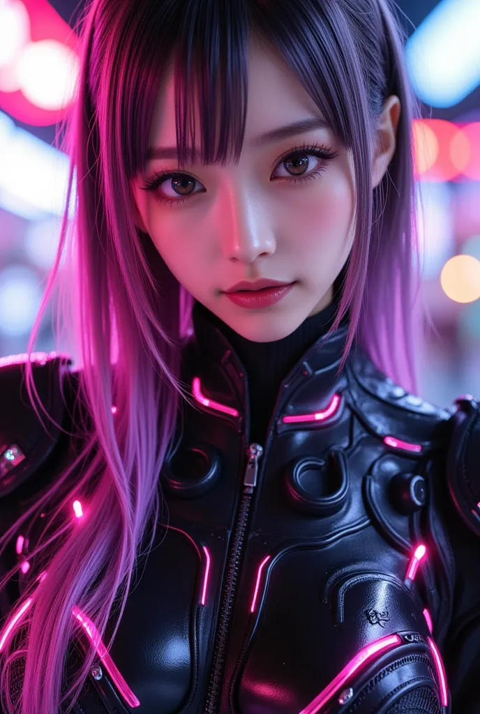 Black cyber armor, glowing pink lines, beautiful woman, phenomenal good looks, Japanese beauty, long ponytail, ash hair, purple gradient from tips, various actions, random actions, in combat with random weapons,