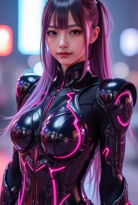 Black cyber armor, glowing pink lines, beautiful woman, phenomenal good looks, Japanese beauty, long ponytail, ash hair, purple gradient from tips, various actions, random actions, in combat with random weapons,