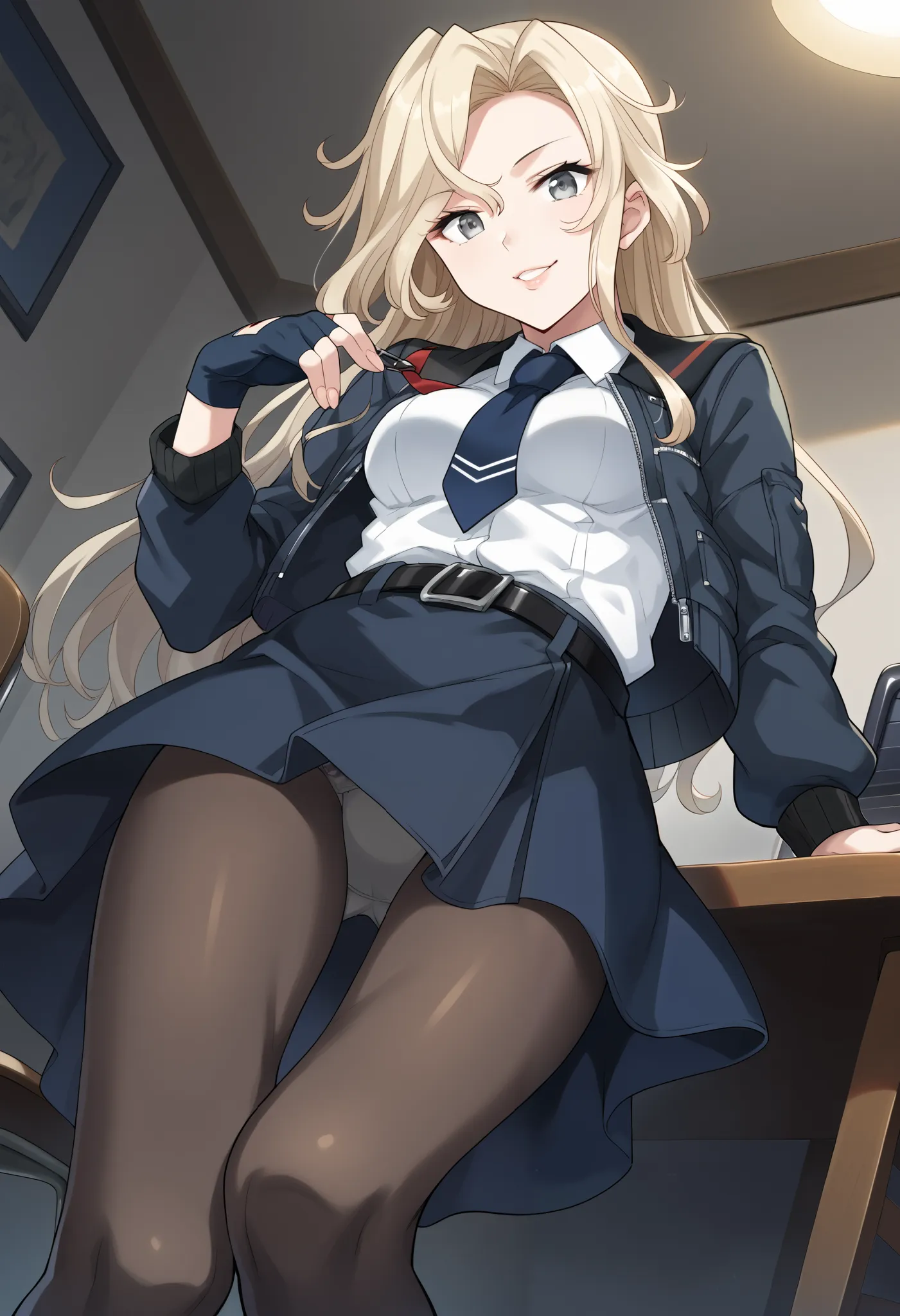 Hornet (kantai collection),  score_9,   score_8_up,   score_7_up,   source_anime,   game cg,alone,Hornet KC Putting Your Fingers on Your Lips ,  gray eyes, long hair, skirt,   Long Sleeve,  jacket, white shirt, pantyhose, tie, black  jacket,   dress shirt,...