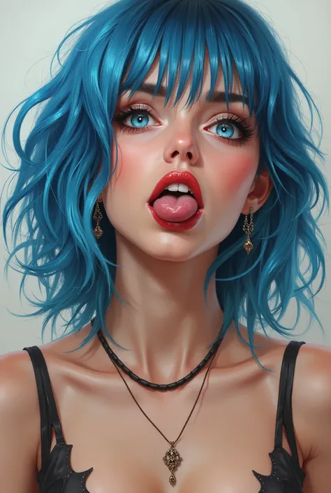 1 hot body girl blue eyes blue hair , her eyes are rolling her tongue out

