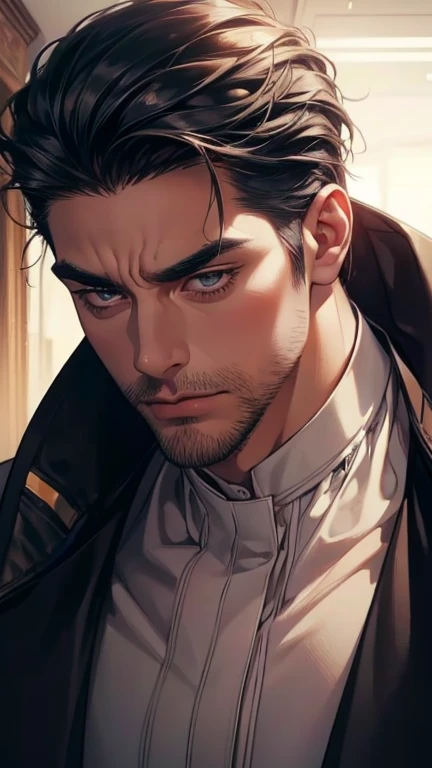 (    best quality,4K,8k,       highres,    masterpiece :1.2),    ultra-detailed    ,(Realistic,photoRealistic,photo-Realistic:1.37),36-year-old man,3 day beard,Beautiful anime,Portraits,strong,masculine,        with black hair  ,sharp jaw,             mesm...