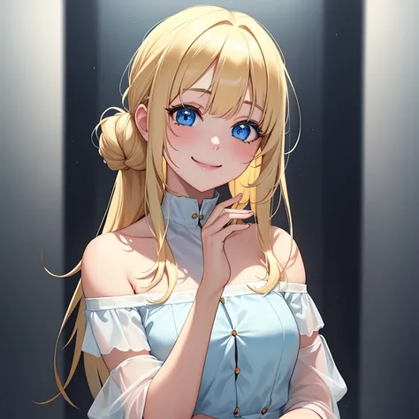 4K,source_anime, score_9, score_8_up, score_7_up, 1girl,Women 20s,blond hair,Transparent white skin,Bangs are swept short,half updo,off-the-shoulder top,Light blue dress,got both hands on his cheeks,long hair,blue eyes,smile