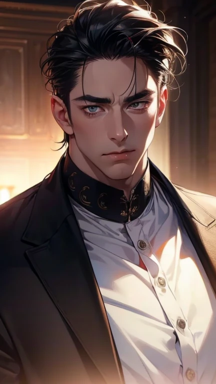 (    best quality,4K,8k,       highres,    masterpiece :1.2),    ultra-detailed    ,(Realistic,photoRealistic,photo-Realistic:1.37),36-year-old man,3 day beard,Beautiful anime,Portraits,strong,masculine,        with black hair  ,sharp jaw,             mesm...