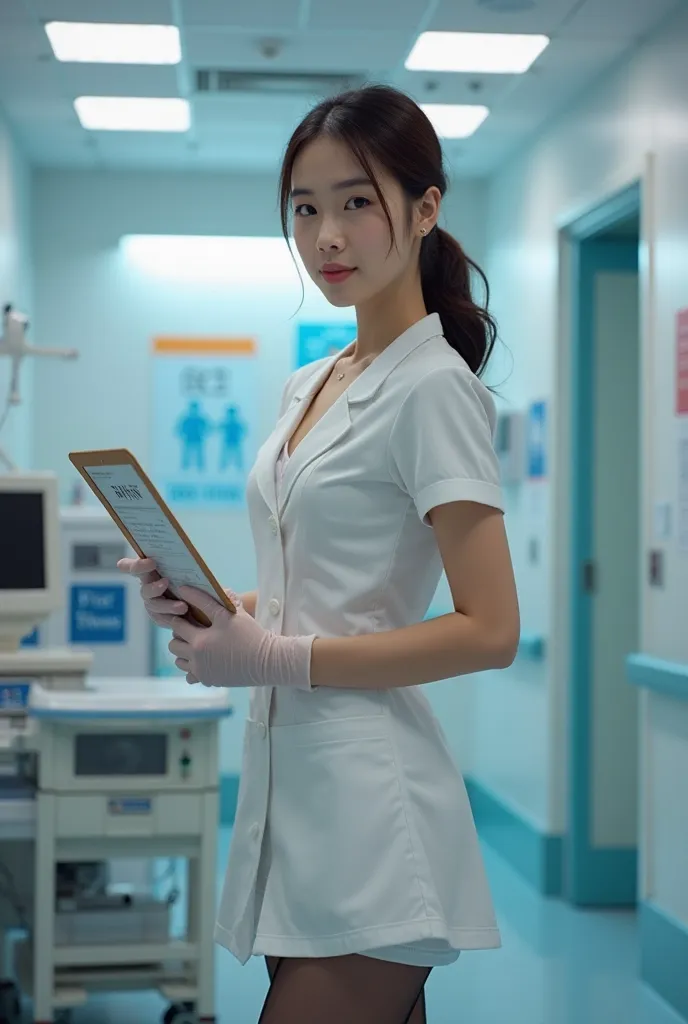 [Subject Description] 
European female healthcare worker work scene，Sanwei must be 105-65-97，25-30 years old，Wearing a translucent deep v-vest，black translucent stockings，White hip skirt，handheld The medical record board is in the shape of a writing，Focus ...