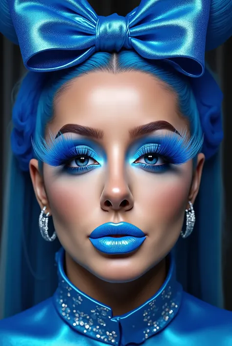 incredibly long and voluminous eyelash extensions, bright blue makeup, blue hair , diamond earrings , collar, blue lips, puckered lips, bow-shaped hair ,