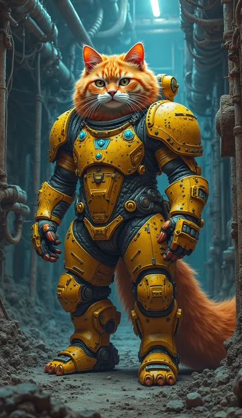 A Persian Cat , arte hairy, masterpiece,  great anatomy , hairy,colorful realistic image of a Persian cat,  Stylized fighter.neon blue details, detailed historical, industrial, Coal mine , dimly lit,, wearing yellow industrial excavator as armor, alone.