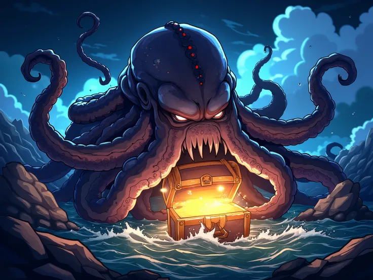 A gigantic Kraken rises from the depths of the ocean, its massive tendrils gripping a shimmering gold treasure chest. The chest glows brilliantly, standing out against the dark, stormy waters. Drawn in an illustration cartoon style, the scene features bold...