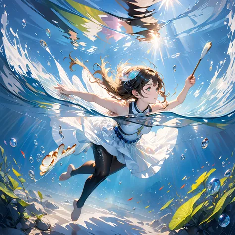 Girl swimming underwater, ultra high definition rendering style,Shine,  yellow,green,Brush,Hyperrealistic oil painting,Shine瞳, exaggerated point of view , Tyndall phenomenon ,water drop,pearl oyster iridescent , holographic white ,BLACK tights