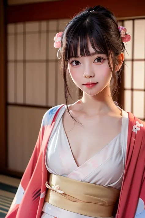 detailed realistic, solo Japanese girl , (very cute young face:2.0), (short height:1.6), (petite hip:1.4), (kimono:1.8), (partially undressed:1.3), detailed skin, (petite breasts:3.7), (flat chest:3.7), (slender chest:2.6), medium wave hair