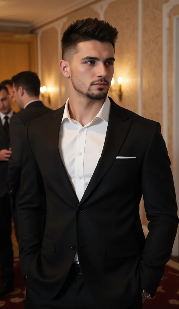 a handsome young turkish guy with muscle, dark very short hair fade middle parting and goatee beard  he wearing a black suitjacket and white shirt and he is in a turkish wedding in a event salon with his family amateur photo random picture and location is ...