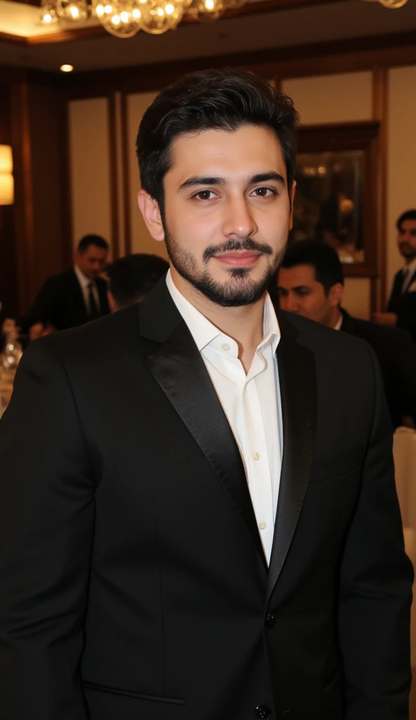 a handsome young turkish guy with muscle, dark very short hair fade middle parting and goatee beard  he wearing a black suitjacket and white shirt and he is in a turkish wedding in a event salon with his family amateur photo random picture and location is ...