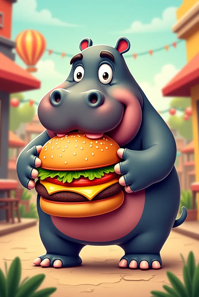 Create a cartoon character of a hippo eating a burger with writing on top written the hungry hippo for a logo 