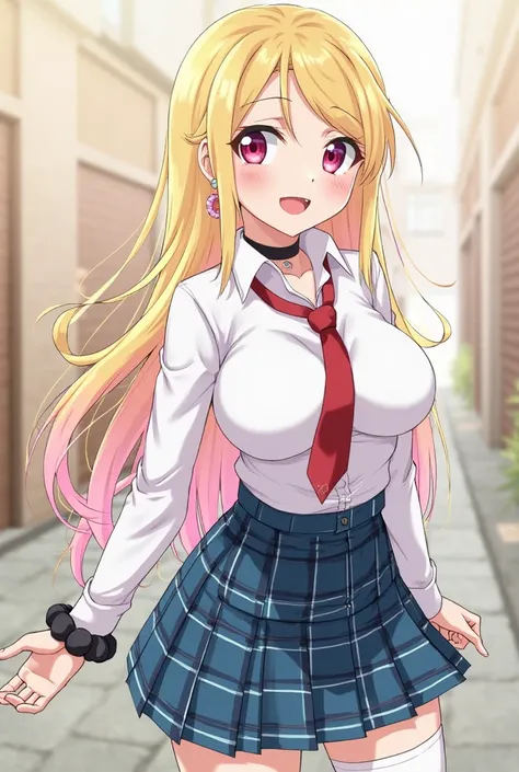 Tall girl, fit girl, KJOmarin, blonde hair, long hair, pink eyes, earrings, ear piercing, multicolored hair, score_9, score_8_up, score_7_up, source_anime, masterpiece,best quality, huge breasts, flashy gyaru,1girl, jewelry, necktie, earrings, skirt, breas...