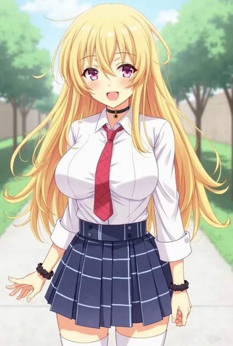 Tall girl, fit girl, KJOmarin, blonde hair, long hair, pink eyes, earrings, ear piercing, multicolored hair, score_9, score_8_up, score_7_up, source_anime, masterpiece,best quality, huge breasts, flashy gyaru,1girl, jewelry, necktie, earrings, skirt, breas...