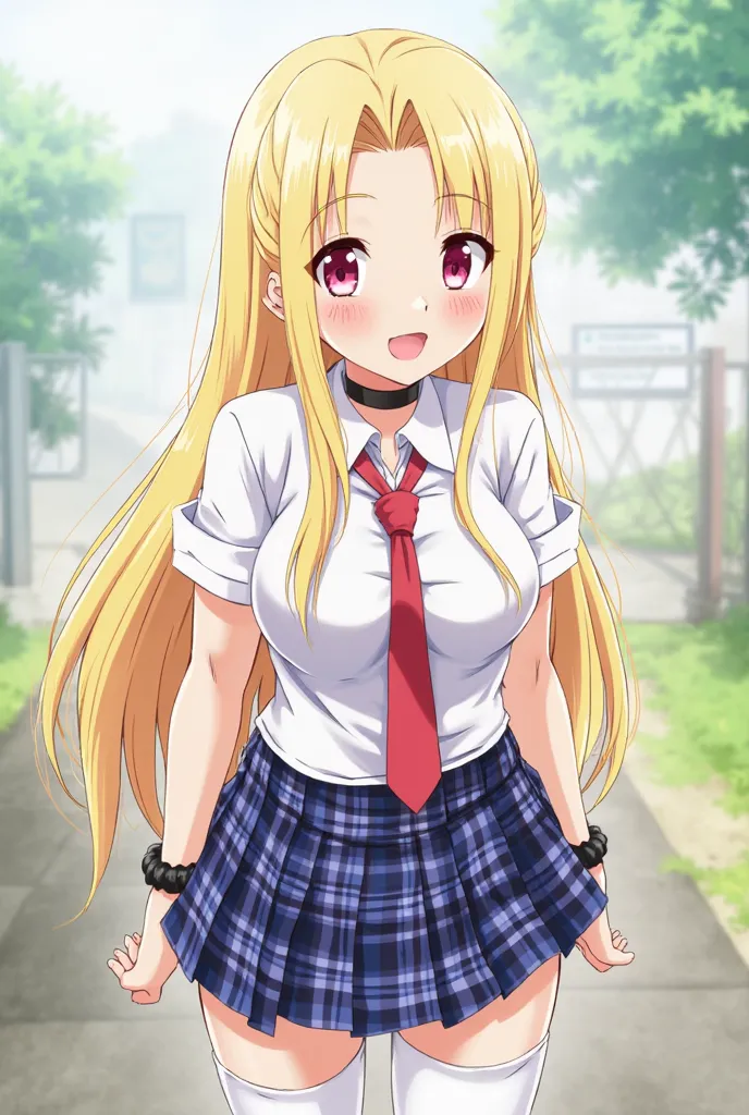 Tall girl, fit girl, KJOmarin, blonde hair, long hair, pink eyes, earrings, ear piercing, multicolored hair, score_9, score_8_up, score_7_up, source_anime, masterpiece,best quality, huge breasts, flashy gyaru,1girl, jewelry, necktie, earrings, skirt, breas...