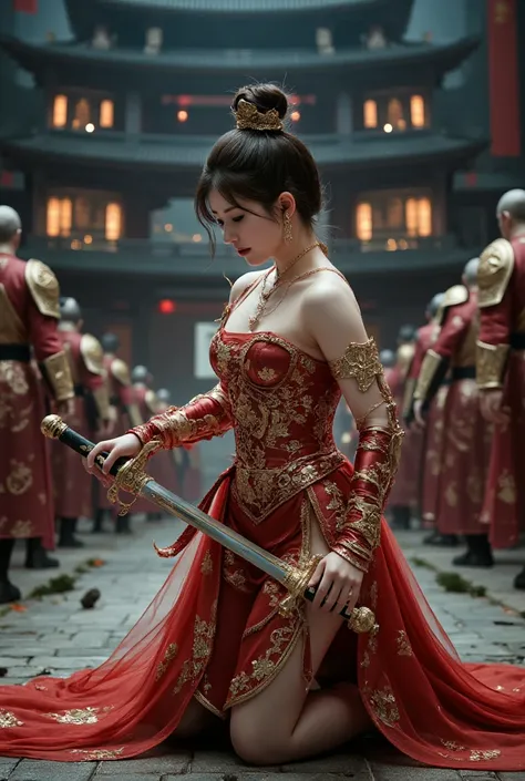 Close up, A battle scene in which a sexy female wuxia lands in metalic red golden armor、Place one hand on the floor and hold the wuxia long sword horizontally in front of your face.、Intricate chain mail that fits the body perfectly、sexy， Serious Eyes、Low f...