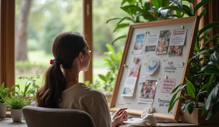 A person looking thoughtfully at a vision board filled with goals, financial dreams, and inspiring quotes, surrounded by peaceful nature outside a window. The atmosphere is calm yet forward-thinking, reflecting a proactive mindset shift. --ar 16:9