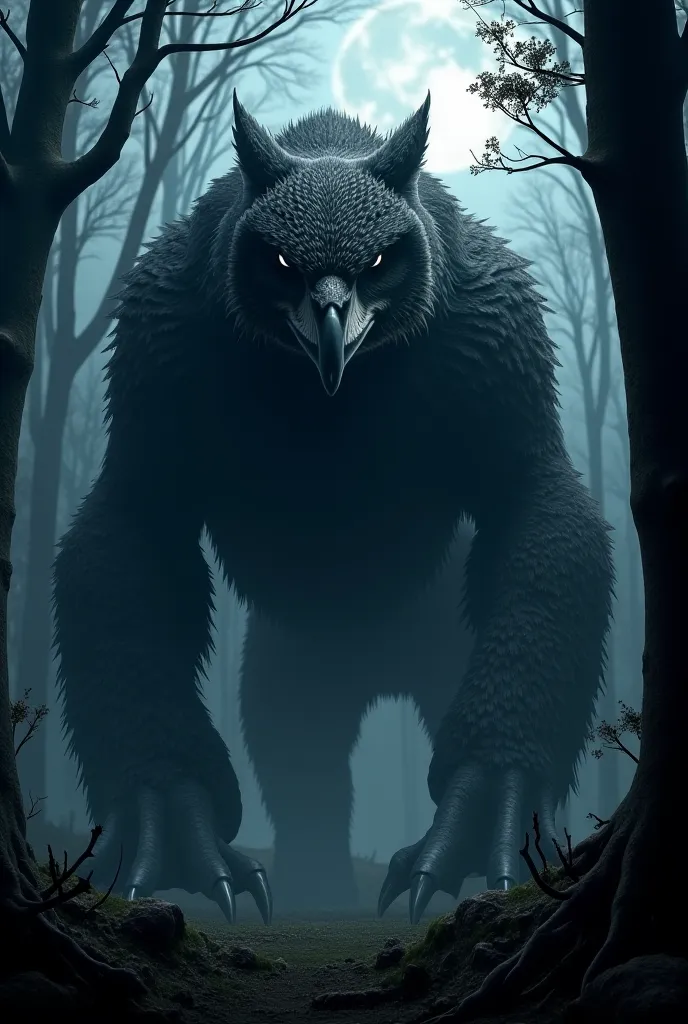 A large nocturnal predator with a bear’s muscular body and an owl’s sharp beak and feathery wings, lurking in the shadows.