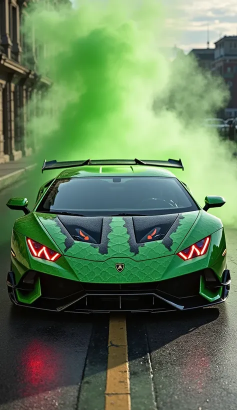 Custom Lamborghini 2025 super sports car. The car's exterior is personalized with a bold look, in the colors chameleon green,  with black details. Presenting a look of a reptile, with scales on the green part of the painting. Red headlights suggesting aggr...