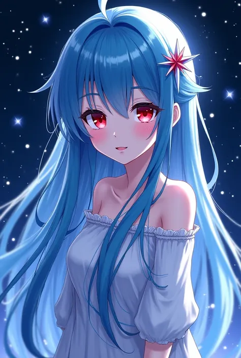  Imaging guide
"An anime image of a female character with long blue hair and red eyes on both sides, long eyelashes, her face looking serene and graceful. She wears a flickering white veil amid a dark but star-studded universe of millions of shining stars....