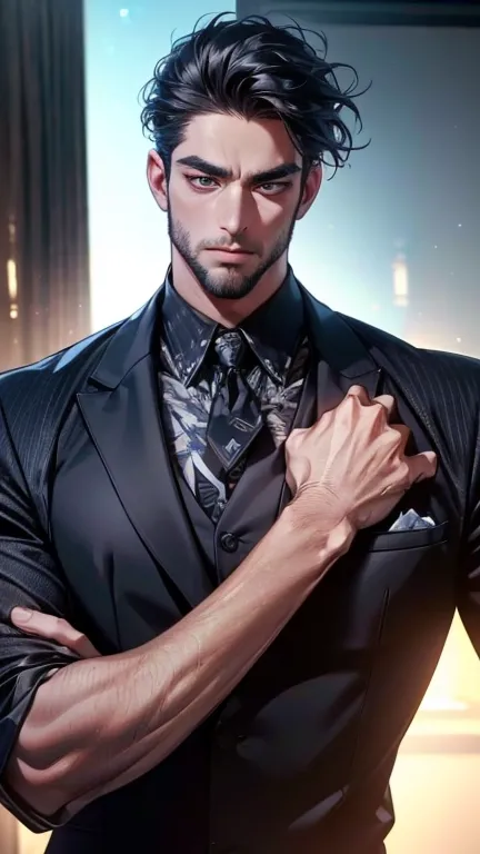 (    best quality,4K,8k,       highres,    masterpiece :1.2),    ultra-detailed    ,(Realistic,photoRealistic,photo-Realistic:1.37),36-year-old man,3 day beard,Beautiful anime,Portraits,strong,masculine,        with black hair  ,sharp jaw,             mesm...