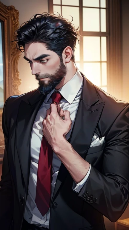 (    best quality,4K,8k,       highres,    masterpiece :1.2),    ultra-detailed    ,(Realistic,photoRealistic,photo-Realistic:1.37),36-year-old man,3 day beard,Beautiful anime,Portraits,strong,masculine,        with black hair  ,sharp jaw,             mesm...