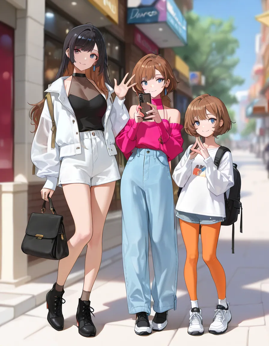 (((Best Quality))), 3 lady, anime characters, fashionable and trendy, outfit designs, diverse outfits, (character design), outfit design, fashion concept art, knit, shirt, shorts, skirt, blouse, halter neck, see-through cleavage, see-through sleeves, jacke...