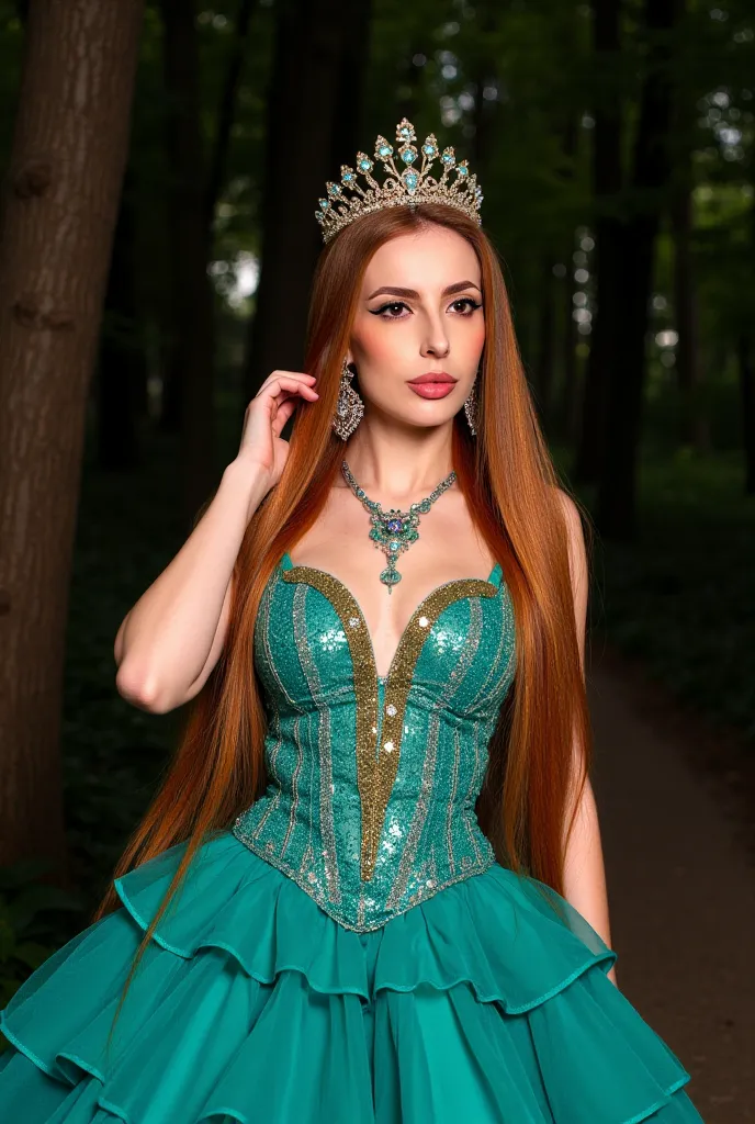 Young woman, long thick fiery red hair, 25 years old, European appearance. Posing confidently. The woman's facial expression is captivating, seductive, with a subtle smile and a slightly thoughtful look, exuding confidence and charm. Exquisite make-up, ful...