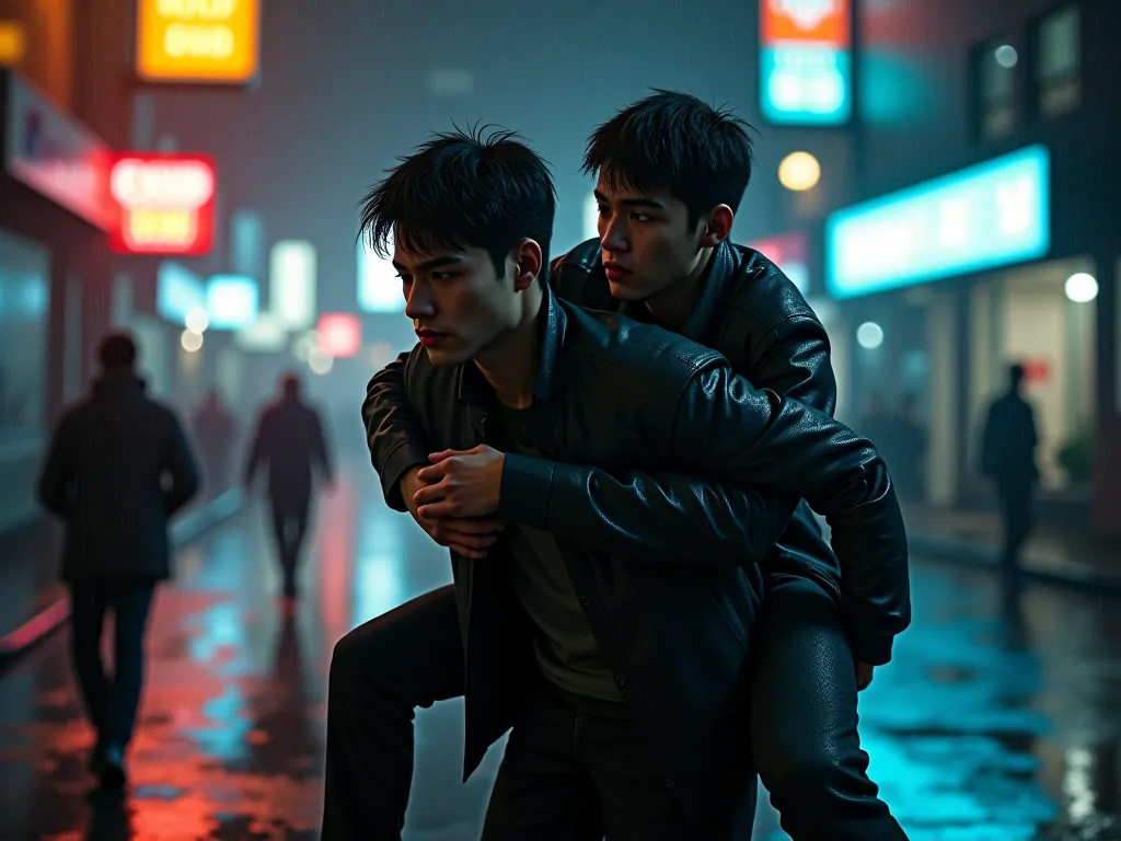 A 20-year-old man carrying a 20-year-old man　rain　night