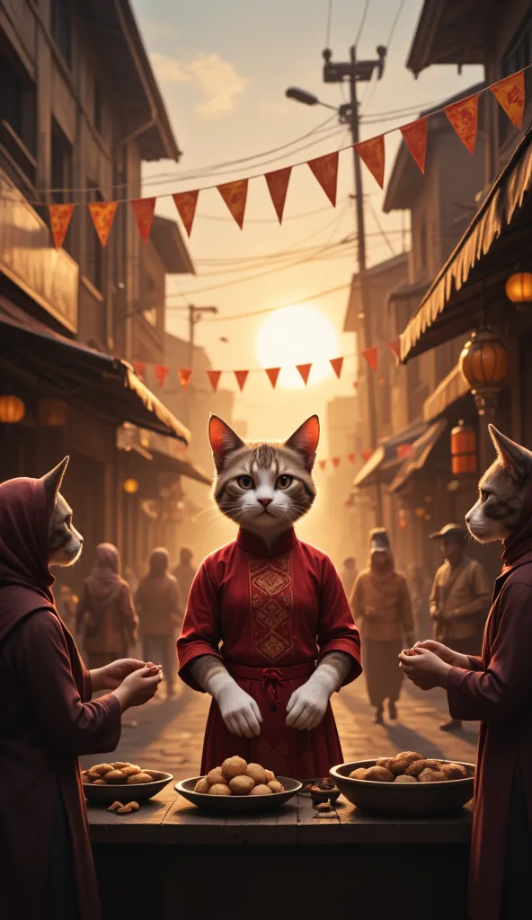 An anthropomorphic cat standing at a street stall in an Indonesian neighborhood during Ramadan, handing out takjil to other anthro animals, warm sunset colors, bustling activity, decorations like crescent moon banners, detailed textures on fur and clothing...