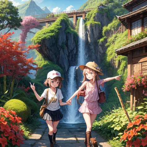 pink brown brown gold hair、 eye、  Has hair tied  、Two cute people、 check miniskirt、  black t-shirt、 Light clothing、 tank top outside of anime、 camisole、high socks、 Boots、 teeth inside、  The Road Is Crooked 、Mountain々、Stick together  、 bamboo forest、 chest ...