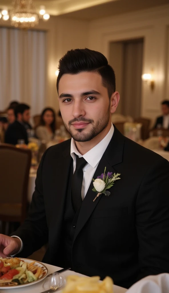 a handsome young turkish guy with muscle, dark very short hair fade middle parting and goatee beard  he wearing a black suit and he is in a turkish wedding in a event salon with his family amateur photo random picture and location is turkey he has very muc...