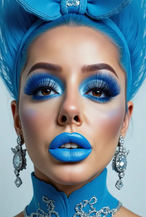 incredibly long and voluminous eyelash extensions, bright blue makeup, blue hair , diamond earrings , collar, blue lips, gently pursed lips, bow-shaped hair ,