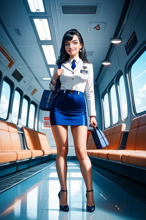 A Japanese girl in a sexy flight attendant's uniform, which is very short and shows her cleavage, is standing in the plane.